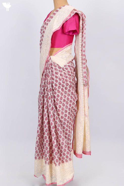 Kota Doria Saree In Block Print with Chikankari Embroidery